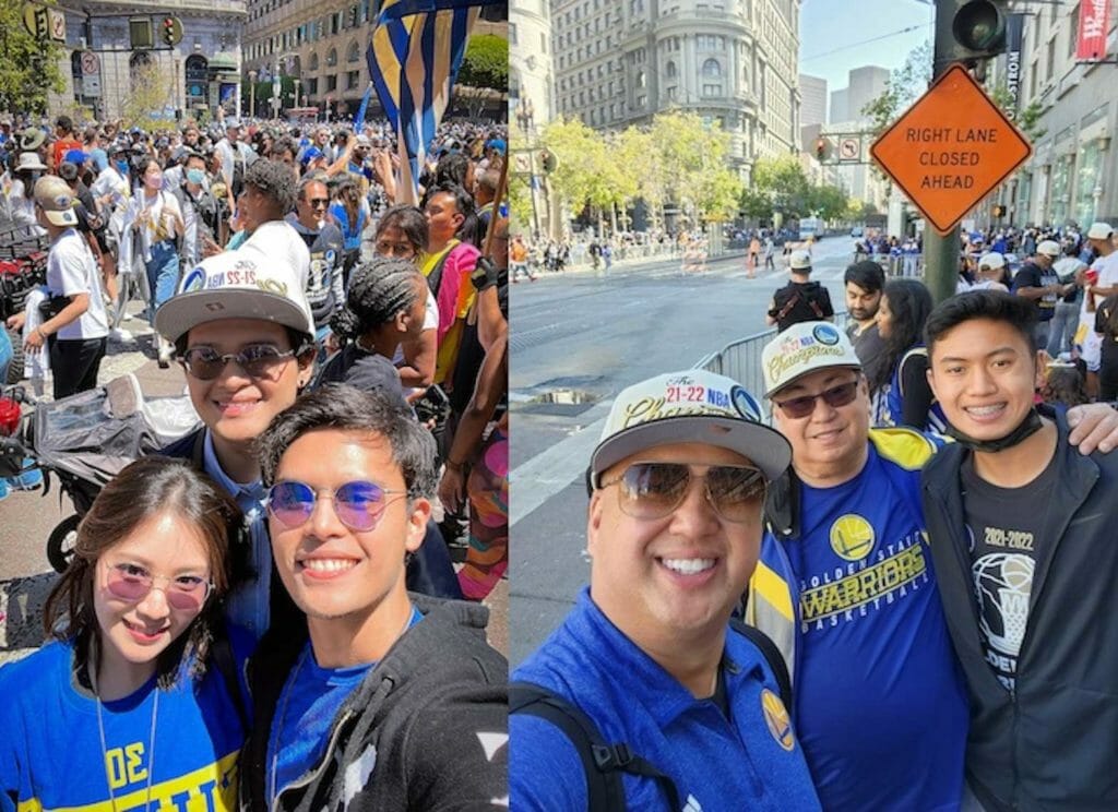 Jonathan Imperio (extreme left), shown with his family at the parade, was with the Warriors when tickets costs only $20 with hotdogs to boot. San Jose local Anthony Tonette Rivero (middle) went to the parade and is flanked by son Topee (extreme left) and grandson Austyn (extreme right). INQUIRER/Jun Nucum