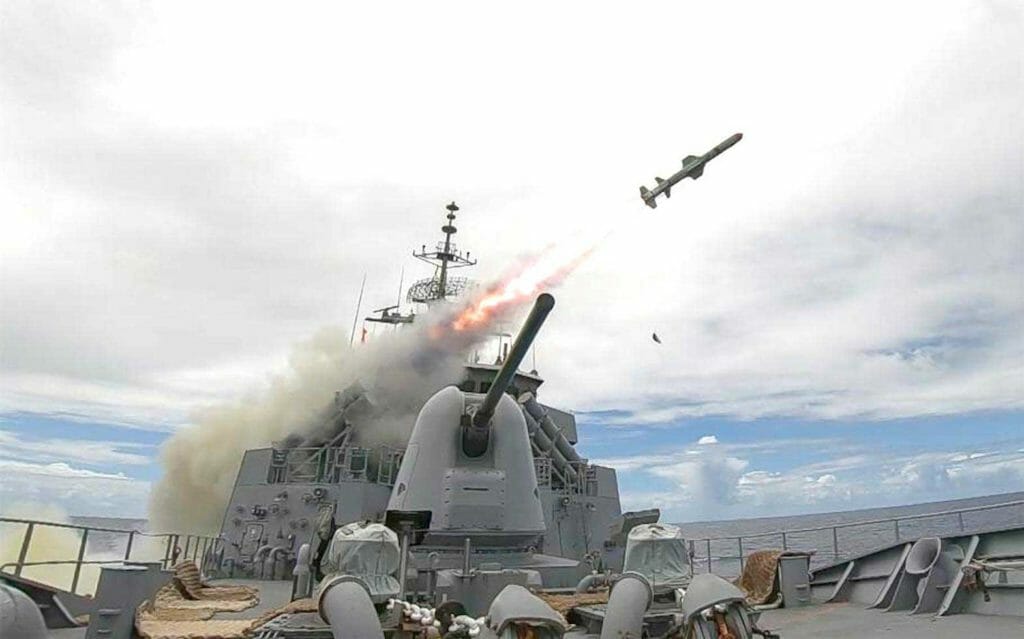 The Royal Australian Navy ship HMAS Stuart fires a harpoon missile during the Rim of the Pacific exercise in waters off the Hawaiian Islands, Aug. 29, 2020.  (U.S. Navy)