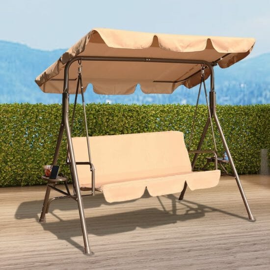 GOLDSUN Durable Outdoor Patio Swing with Side Table Weather Resistant Canopy Swinging Chair with Removable Cushion,Suitable for Garden, Poolside, Balcony, Backyard-Beige