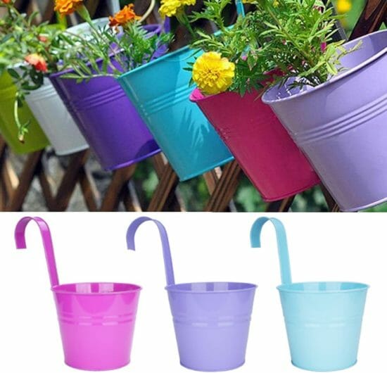LOVOUS 6.3" x 4.7" x 5.3" Large 3 PCS Iron Hanging Flower Pots Balcony Garden Plant Planter, Wall Hanging Metal Bucket Flower Holders