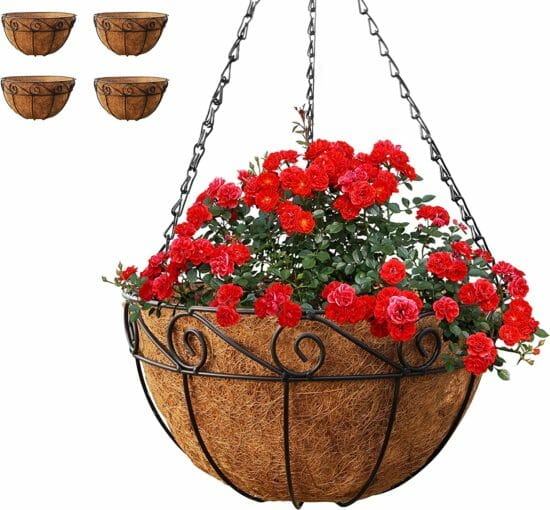  Metal Hanging Planter Basket with Coco Liner, 4 Pack, 14 in Diameter, Hanging Flower Pot, Round Wire Plant Holder, Watering Basket, Chain Porch Decor