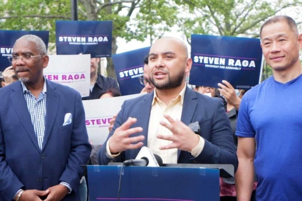 Steven Raga (center) with supporters in Queens, New York. HANDOUT