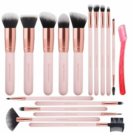 Real Perfection Makeup Brushes 16pcs Makeup Brushes Set with 1 Eyebrow Razor Premium Synthetic Foundation Brushes Blending Face Powder Eye Shadow Concealer