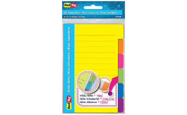 Redi-Tag Divider Sticky Notes, Tabbed Self-Stick Lined Note Pad, 60 Ruled Notes, 4 x 6 Inches, Assorted Neon Colors
