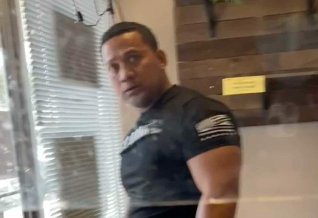 Surveillance video shows an enraged man wearing a shirt that reads "ARMY" who violently attacked Starbread employees after he was asked to follow Covid protocols. SCREENGRAB