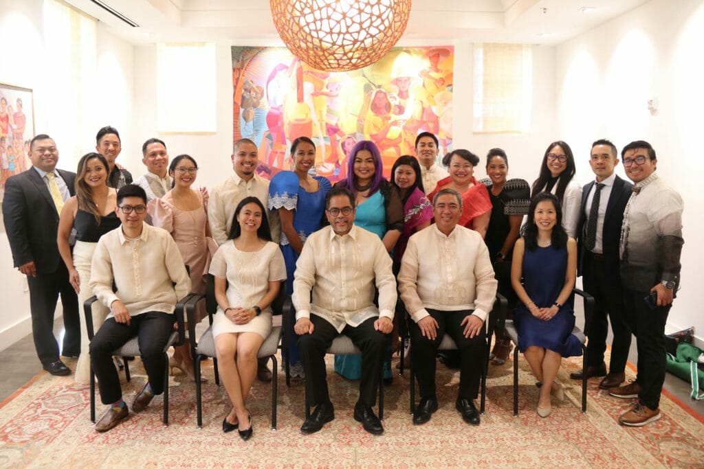 “Family photo” of FYLPRO and its partners. (Seated left to right - Embassy Vice Consul Mark Dominic  E. Lim, FYLPRO President Leezel Tanglao, Embassy Chargé d’Affaires a.i. Jaime Ramon T. Ascalon, Jr., Embassy Consul General Iric C. Arribas, and Nancy Hsiung from the Booz Allen Foundation. CONTRIBUTED