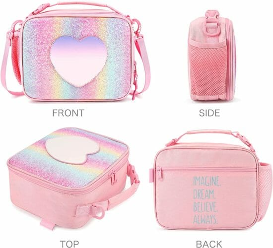  mibasies Kids Insulated Lunch Box for Girls Rainbow Bag with External Bottle Holder