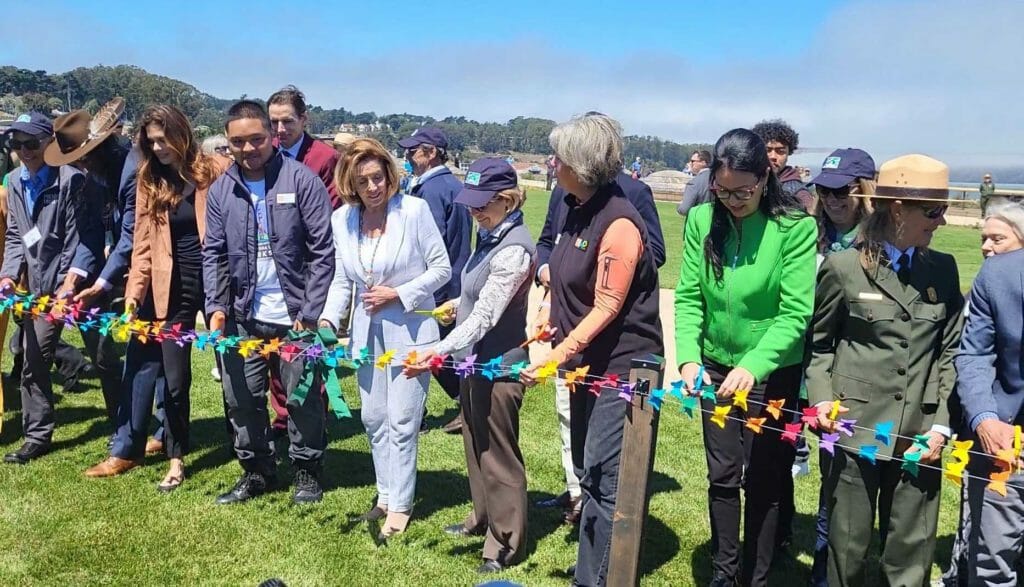 Dylan Nepomuceno (from fourth), Speaker Nancy Pelosi, Presidio Trust CEO Jean Fraser and President and CEO of the Golden Gate National Parks Conservancy Chris Lehnertz join other guests in cutting the ribbon to officially open Presidio Tunnel Tops. INQUIRER/Jun Nucum