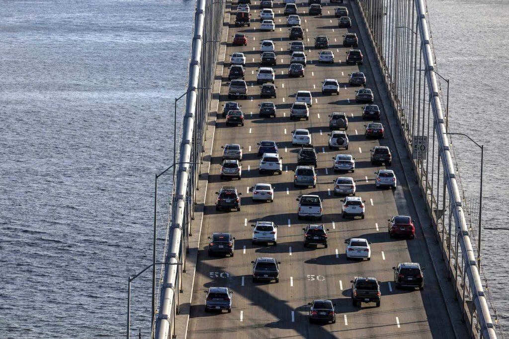 A view of cars on the road during rush hour traffic jam, while California's government authorities are expected to put into effect a plan to prohibit the sale of new gasoline-powered cars by 2035, according to local media, in San Francisco, California, U.S. August 24, 2022. REUTERS/Carlos Barria