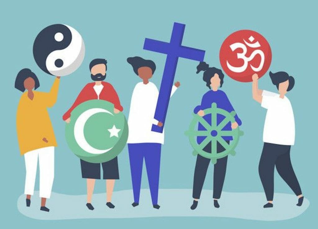 People holding diverse religious symbols, illustration. PINTEREST