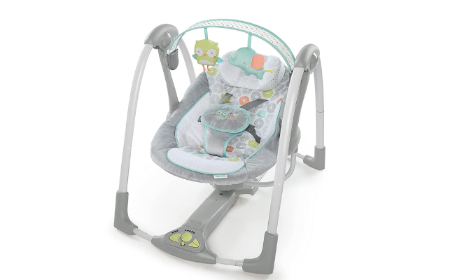 Ingenuity 5-Speed Portable Baby Swing with Music, Nature Sounds & Battery-Saving Technology - Hugs & Hoots, Swing 'n Go, 0-9 Months