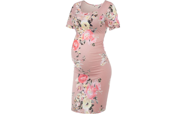 MUSIDORA Solid Color & Floral Maternity Dress Ruched Side Bodycon Dress for Casual Wear or Baby Shower