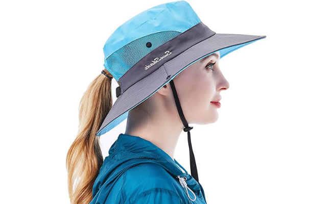 Sun Hat for Women UV Protection Bucket Fishing Hat with Ponytail-Hole, Foldable Outdoor Sun Hats Mesh Wide Brim Beach Hat
