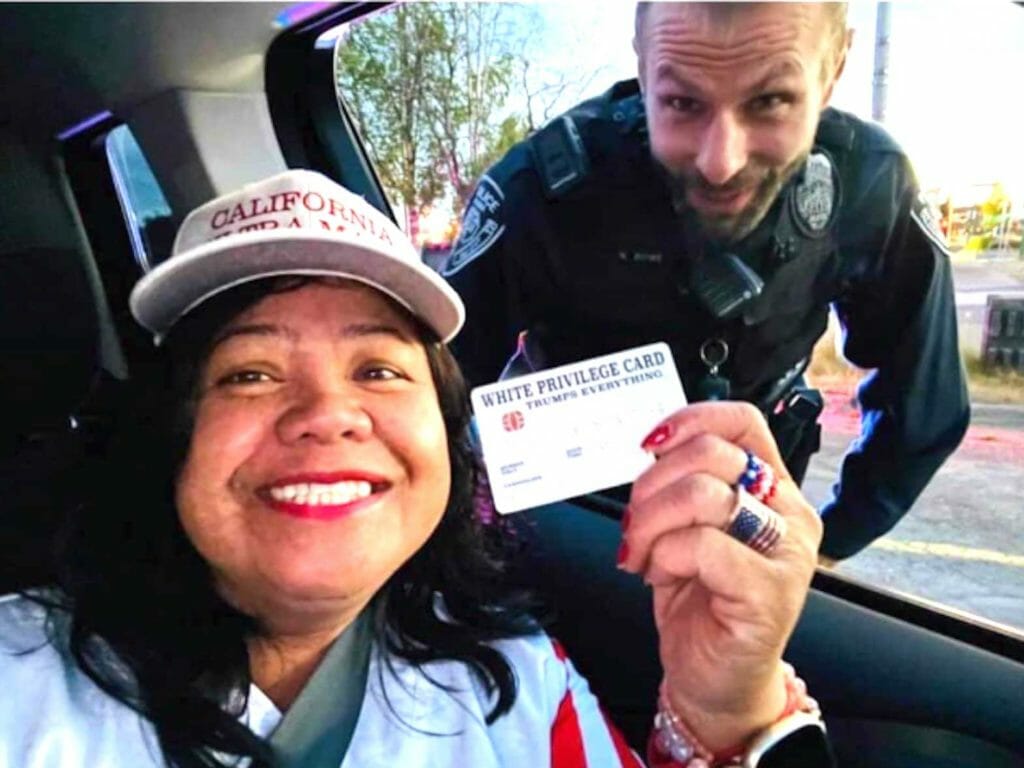 Mimi Israelah, a Trump supporter posted, “When I saw my White Privilege card, I gave to him if it’s ok,” she wrote. “He laughed and called his partner. It’s their first time to see a White Privileged (sic) card.” FACEBOOK