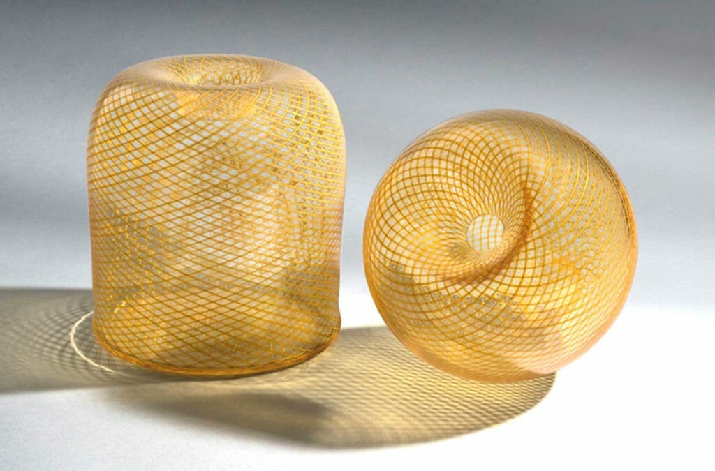 Trenton Quiocho. Trapped, 2021. Blown glass, (A) 12 × 9 1/2 × 9 1/2 in. (30.5 × 24.1 × 24.1 cm) (B): 10 × 9 1/2 × 9 1/2 in. (25.4 × 24.1 × 24.1 cm) (C): 10 × 12 × 9 1/2 in. (25.4 × 30.5 × 24.1 cm). Courtesy of the artist. Photograph by Ian Lewis.