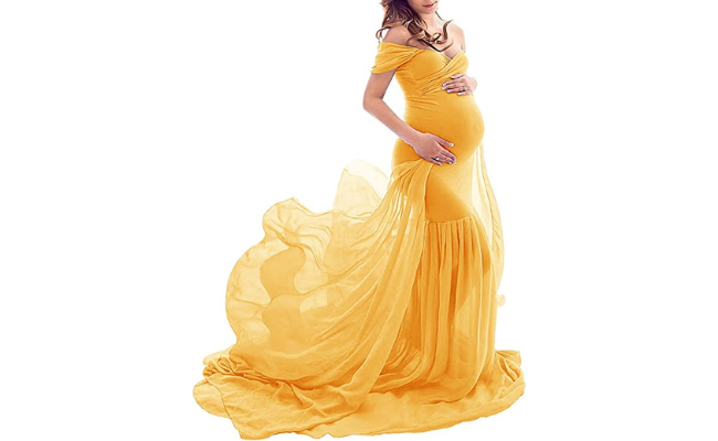 ZIUMUDY Maternity Chiffon Mermaid Gown Off Shoulder Dropped Sleeve Fitted Photo Shoot Photography Dress