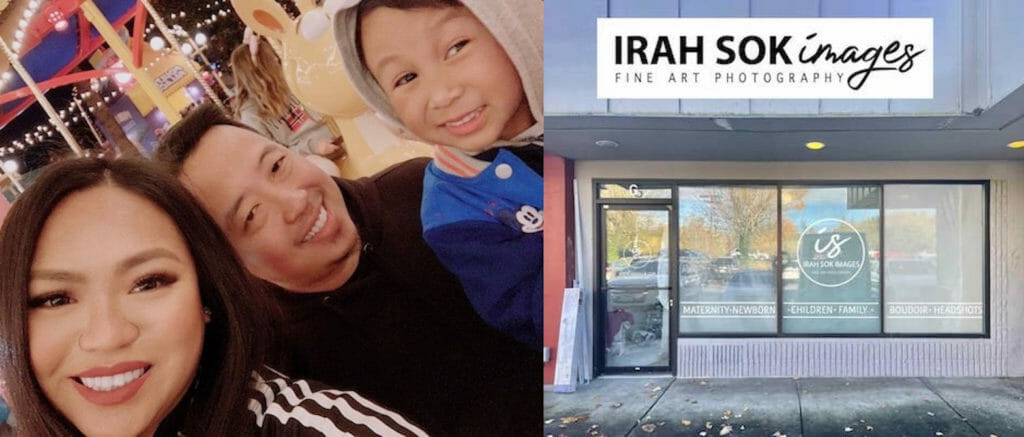 Homicide victim Demise "Irah" Sok with Cambodian husband, Makara, and their son, Greyson. Right photo: Irah's newly opened photography studio. FACEBOOK