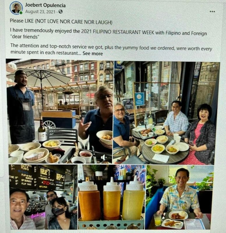 Opulencia's social media post during NY Filipino Restaurant Week. FACEBOOK