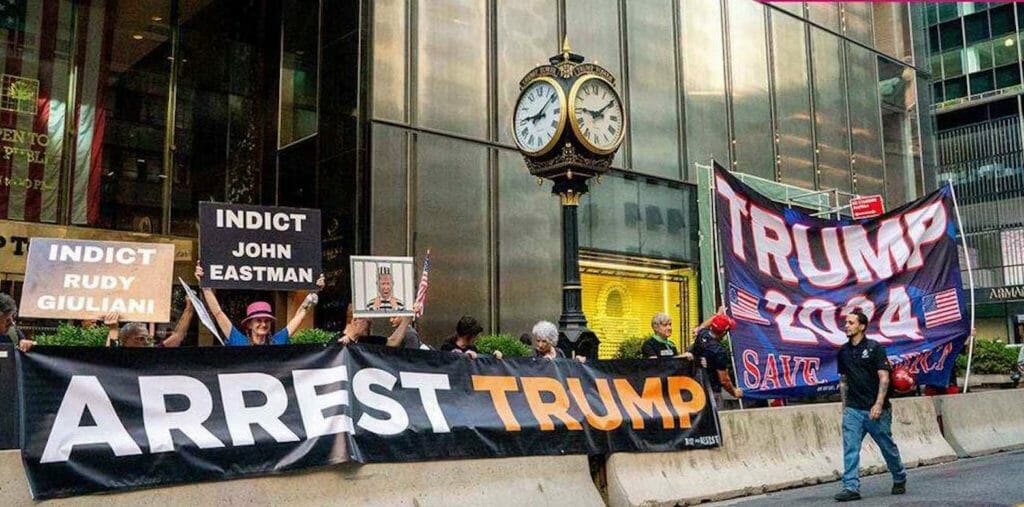 Protesters calling for former US President Donald Trump’s arrest vs. his supporters, outside Trump Tower in New York. REUTERS