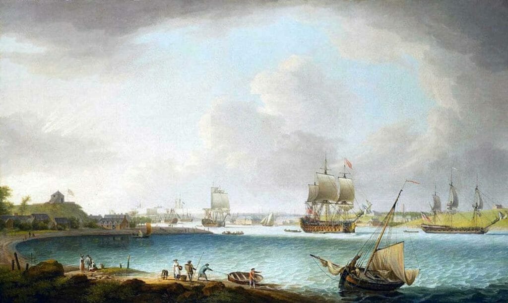 British naval squadron in the 1760s: Capture of Manila 6th October 1762 in the Seven Years War: Painting by Dominic Serres   