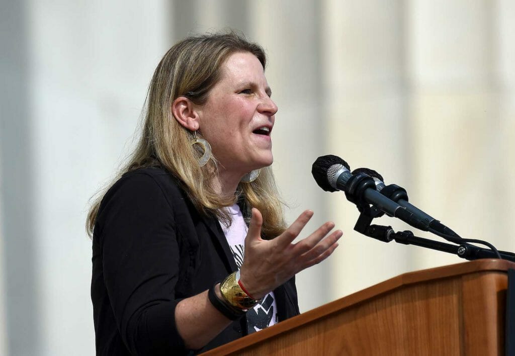  Secretary-Treasurer of American Federation of Labor and Congress of Industrial Organizations (AFL-CIO) Liz Shuler speaks at the Lincoln Memorial during the 'Get Your Knee Off Our Necks' march in support of racial justice, in Washington, U.S., August 28, 2020. Olivier Douliery/Pool via REUTERS