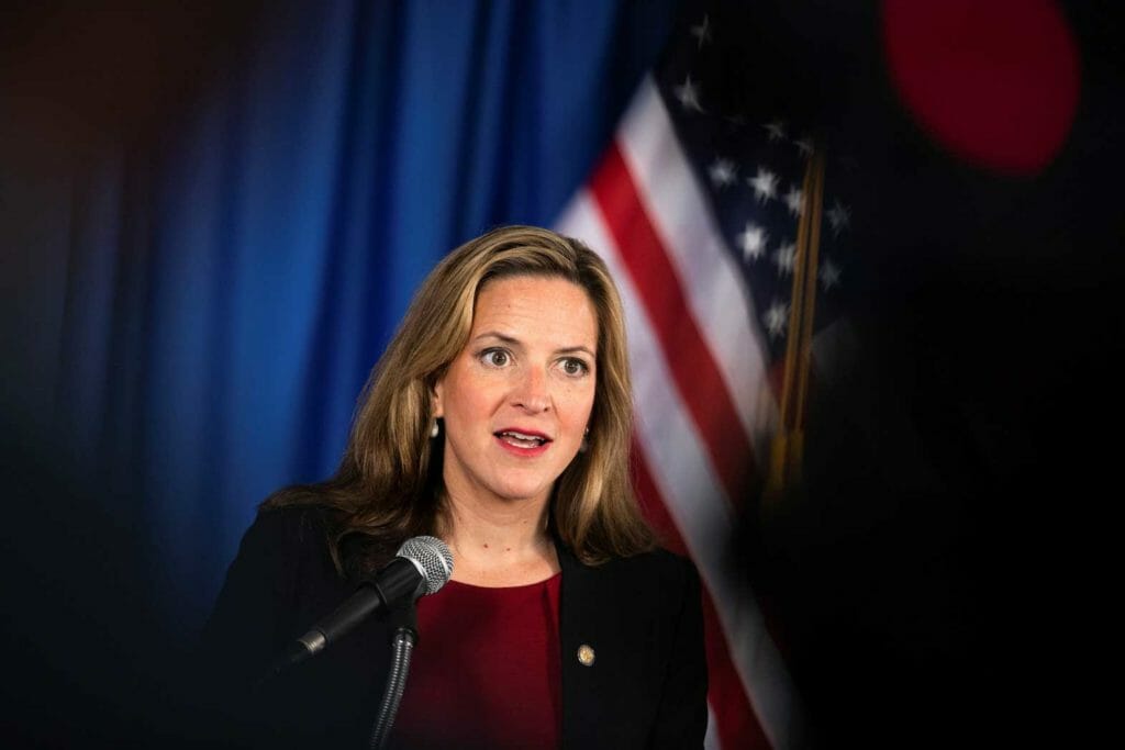 Michigan Secretary of State Jocelyn Benson discusses her request to GOP-led Legislature for an extra $100 million to distribute to county and municipal clerks during a news conference in Detroit, Michigan, U.S., May 17, 2022. REUTERS/Emily Elconin/File Photo