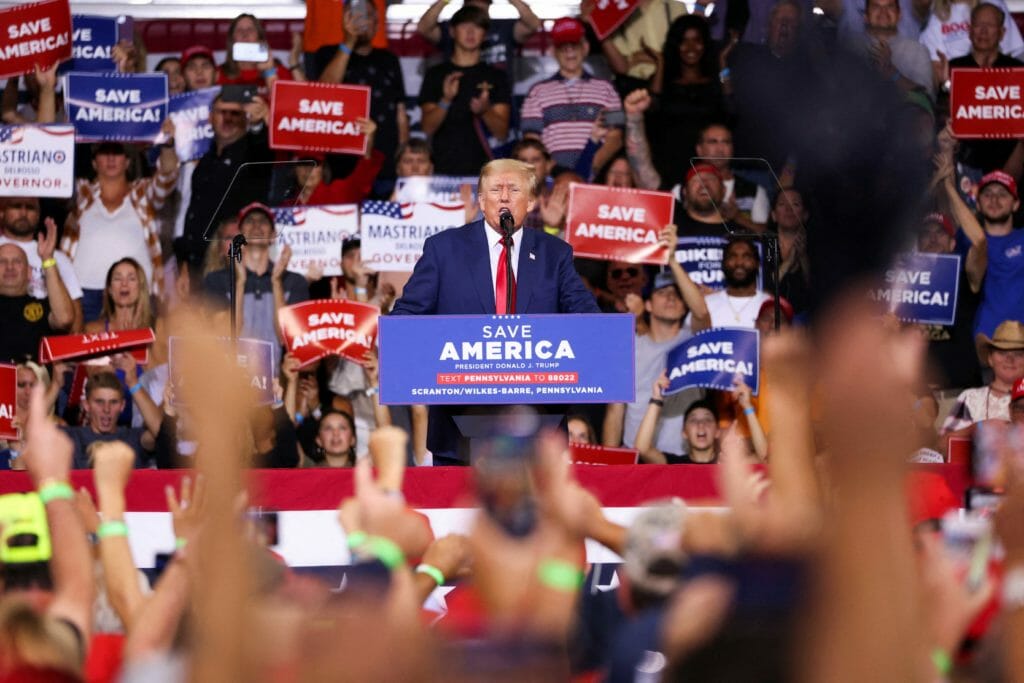 Former U.S. President Donald Trump speaks during a rally in Wilkes-Barre, Pennsylvania, U.S., September 3, 2022. REUTERS/Andrew Kelly/File Photo