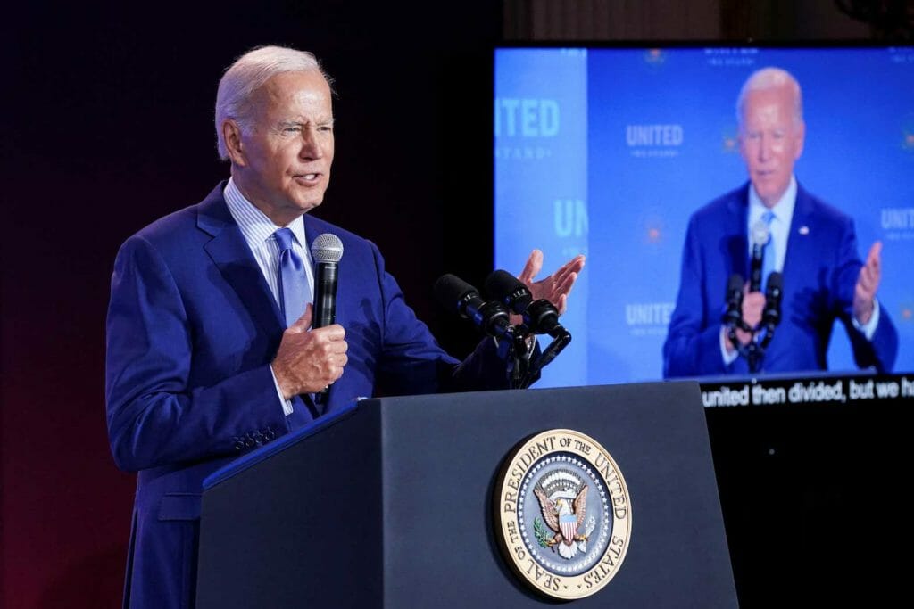 U.S. President Joe Biden delivers remarks at the "United We Stand" summit on countering hate-fueled violence, at the White House in Washington, U.S., September 15, 2022. REUTERS/Kevin Lamarque