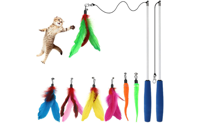 Cat Toys Kitten Toys, Interactive Cat Toy 2pcs Retractable Cat Wand Toy & 7pcs Natural Cat Feather Teaser Toys Refills, Telescopic Cat Fishing Pole Toy for Indoor Cats Gifts, Kitty Toys for Exercise