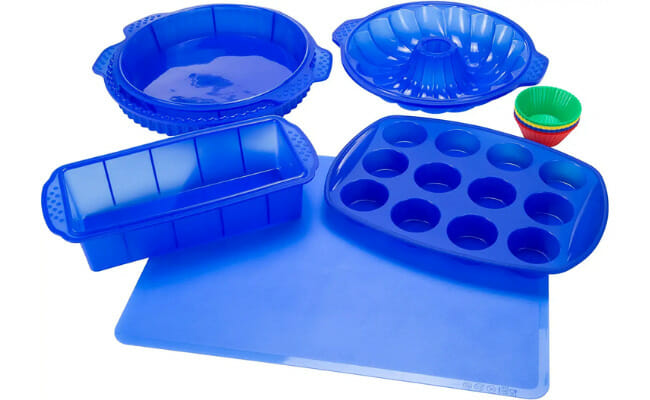 Classic Cuisine 82-18700-BLU Silicone Bakeware, 18-Piece Set Including Cupcake Molds, Muffin, Bread, Cookie Sheet, Bundt Pan, Baking Supplies, Blue