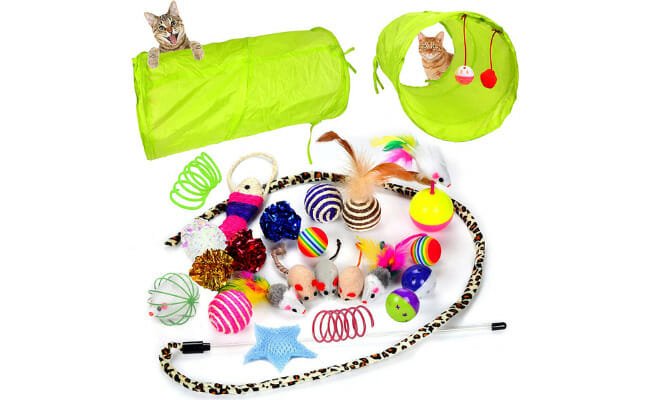  Youngever 24 Cat Toys Kitten Toys Assortments, Tunnel, Interactive Cat Teaser, Fluffy Mouse, Crinkle Balls for Cat, Kitty, Kitten