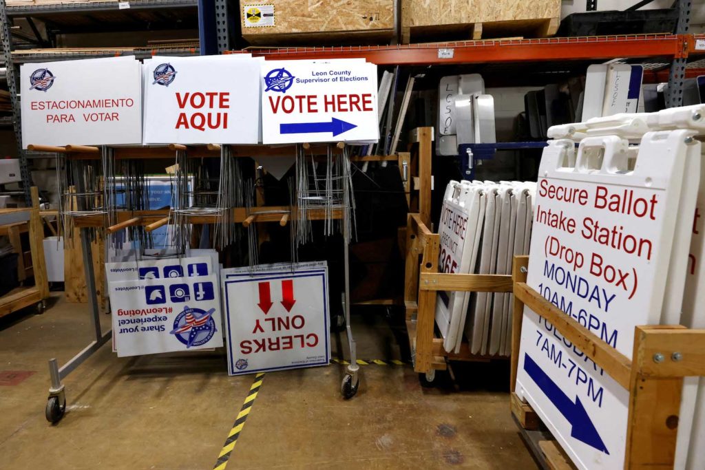  Voting precinct signs are stored at the Leon County Supervisor of Elections office prior to the midterm election in Tallahassee, Florida, U.S., October 5, 2022. REUTERS/Colin Hackley