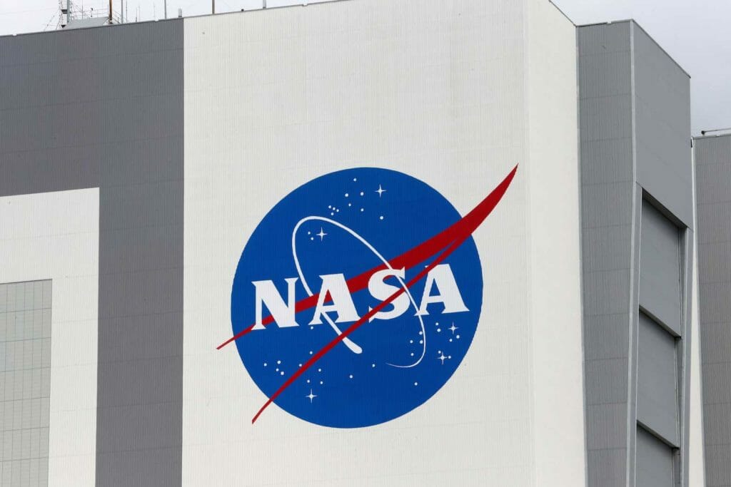 The NASA logo is seen at Kennedy Space Center ahead of the NASA/SpaceX launch of a commercial crew mission to the International Space Station in Cape Canaveral, Florida, U.S., April 16, 2021. REUTERS/Joe Skipper