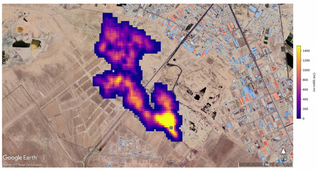 Imaging of a methane plume at least 3 miles (4.8 km) long rising from a major landfill, where methane is a byproduct of decomposition, south of Tehran, Iran, captured by NASA's orbital imaging spectrometer, is overlaid on a satellite photo in this handout image released October 25, 2022. Google Earth/Maxar/NASA/JPL-Caltech/Handout via REUTERS