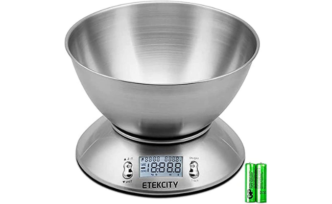 Etekcity Food Kitchen Scale with Bowl, Digital Weight Scale for Food Ounces and Grams, Cooking and Baking, Timer, and Temperature Sensor, 2.06 QT, Stainless Steel