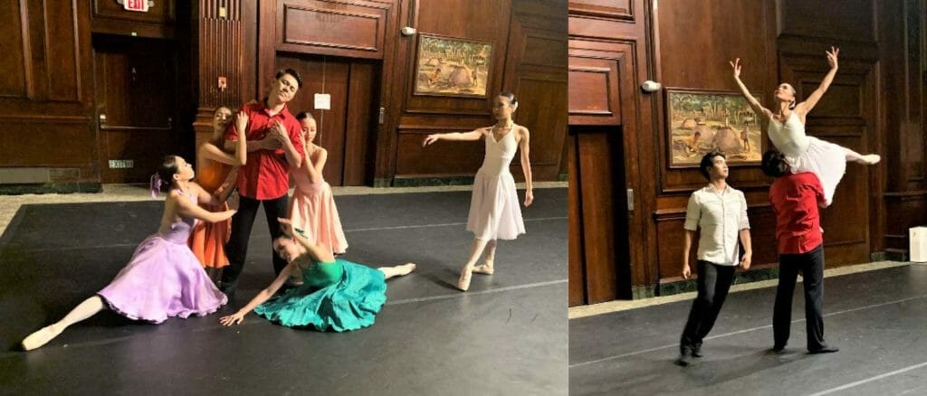 (Left) “Ikaw” dance sequence with Maria Francisco, Therese Riego, Jimmy Lumba, Gabrielle Jaynario, Sophie Tiangco and Veronica Atienza, Act II “Serye at Sayaw”. (Right) “Marguerite” played by Veronica Atienza. INQUIRER/Carol Tanjutco