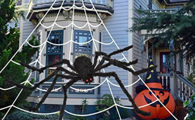 OCATO 200" Halloween Spider Web + 59" Giant Spider Decorations Fake Spider with Triangular Huge Spider Web for Indoor Outdoor Halloween Decorations Yard Home Costumes Parties Haunted House Décor
