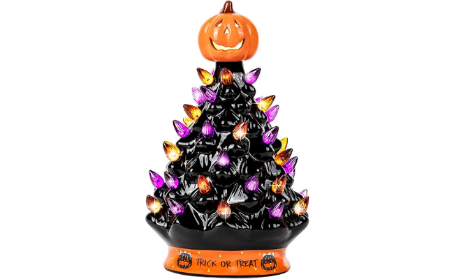 RJ Legend Ceramic Christmas-Halloween Tree - Orange Pumpkin Head-Home Decoration-Trick Or Treat- Over 35 Multicolor Bulbs Light Up by Battery - Black-9 Inch