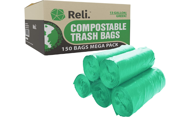 Reli. Compostable 13 Gallon Trash Bags | 150 Count Bulk | ASTM D6400 | Green, Compost Trash Bags 13 Gallon - 16 Gallon, Kitchen Tall Garbage Bags, Eco-Friendly