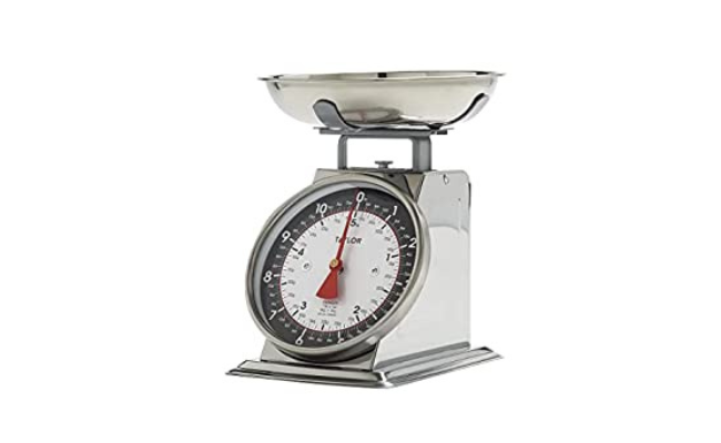 Taylor Precision Products Mechanical Kitchen Weighing Food Scale Weighs up to 11lbs, Measures in Grams and Ounces, Black and Silver