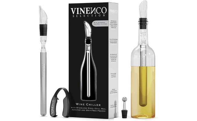 Wine Chiller Set + Foil Cutter, Stopper, Pouch, Ebook - Premium 3-in-1 Stainless Steel Bottle Cooler Stick Chill Rod
