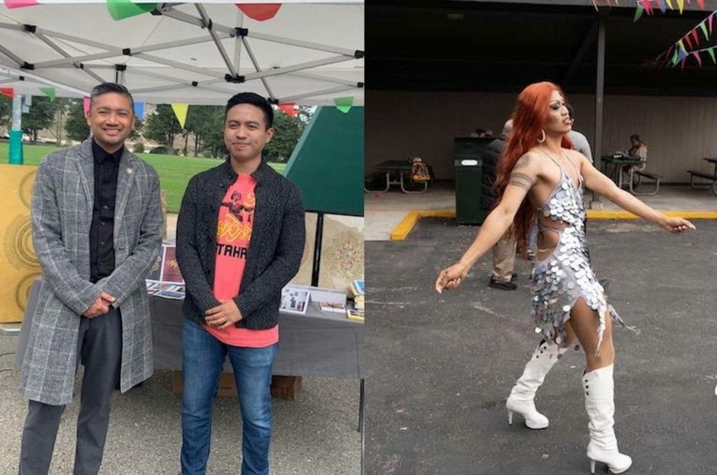 Daly City Mayor Rod Daus-Magbual (left) and Baybayin Artist Taipan Lucero in front of Lucero’s Baybayin exhibit (PIA LOPEZBANOS-CARREON); right photo: Guest performer Mx Kiki Crunch shows her dance moves for added entertainment. (REY GUARIN)