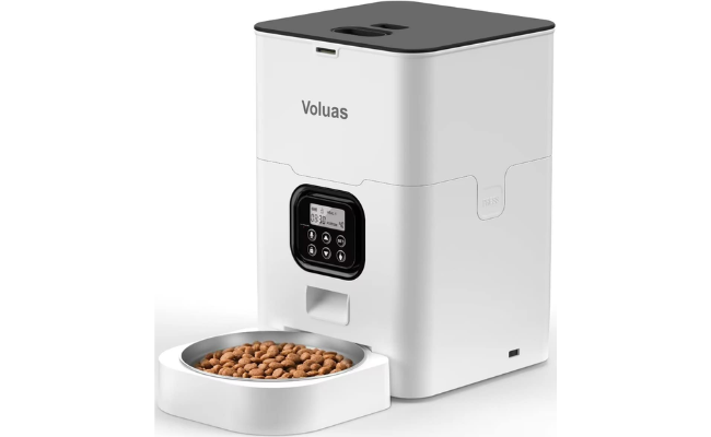 VOLUAS Automatic Pet Feeders for Cats and Dogs, Dry Food Dispenser with Desiccant Bag, Timed Cat Feeder, Programmable Portion Size Control 4 Meals Per Day, 10s Voice Recorder
