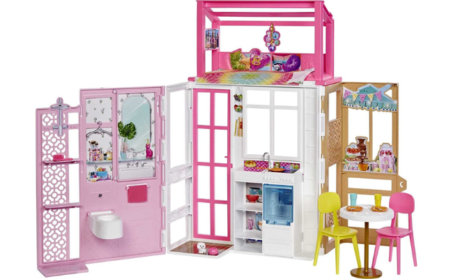 Barbie Dollhouse with 2 Levels & 4 Play Areas, Fully Furnished Barbie House with Pet Puppy & Accessories