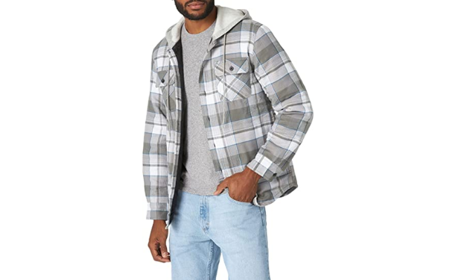 Wrangler Authentics Men's Long Sleeve Quilted Lined Flannel Shirt Jacket with Hood