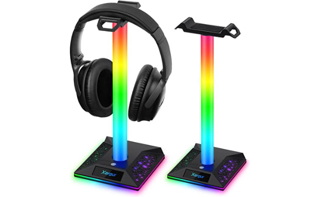 XERGUR RGB Gaming Headphone Stand - Headset Stand with 3.5mm AUX and 2 USB Ports