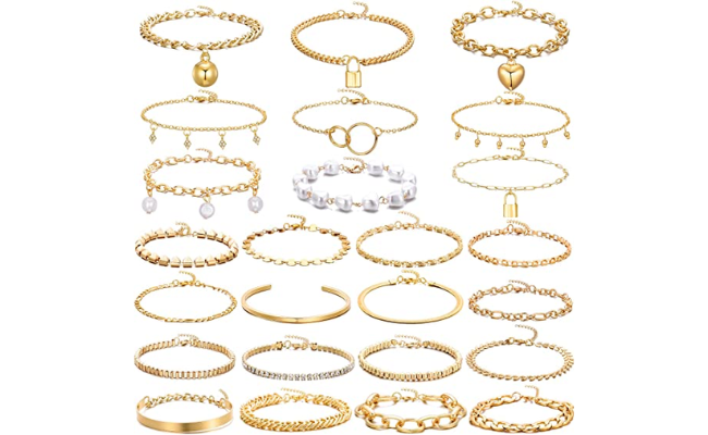 25/30pcs Fashion Gold Chain Bracelets Set for Women and Teen Girls,Adjustable Punk Bracelets Jewelry for Women Gift Set
