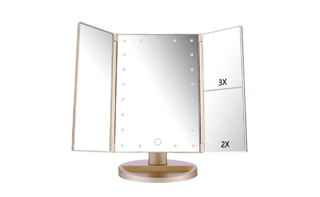 deweisn Tri-Fold Lighted Vanity Mirror with 21 LED Lights, Touch Screen and 3X/2X/1X Magnification, Two Power Supply Modes Make Up Mirror