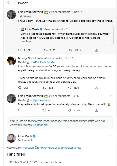Elon Musk firing an employee in a tweet