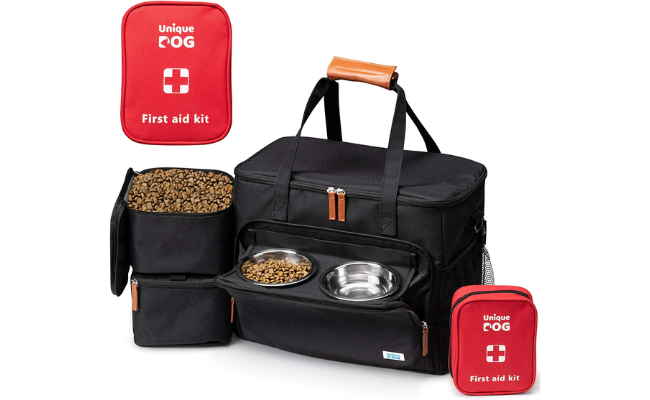 Unique Dog Travel Bag - Dog Traveling Luggage Set for Dogs Accessories - Include Pet First Aid Bag with Case Tags, Elevated Bowl Stand, 2X Food Storage Containers, 2X Dog Stainless Steel Bowls.